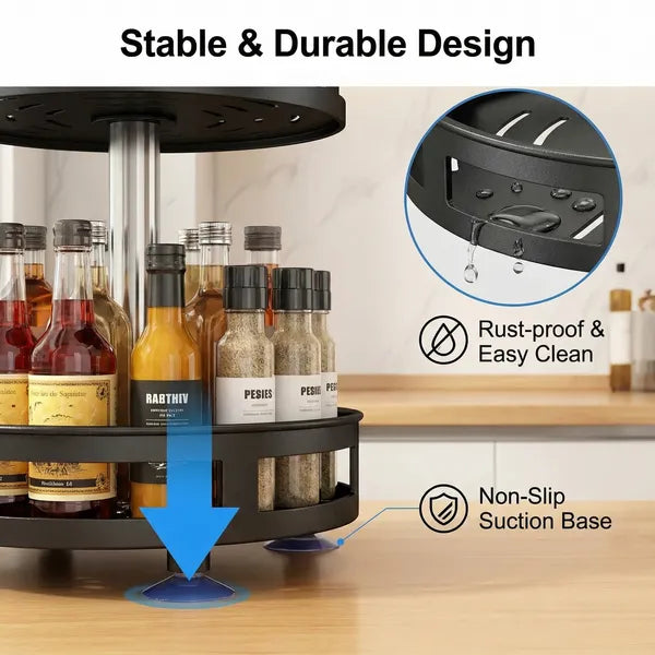 3-Tier Rotating Spice Rack Organizer, Black Carbon Steel 360-Degree Turntable for Kitchen Countertop and Cabinet