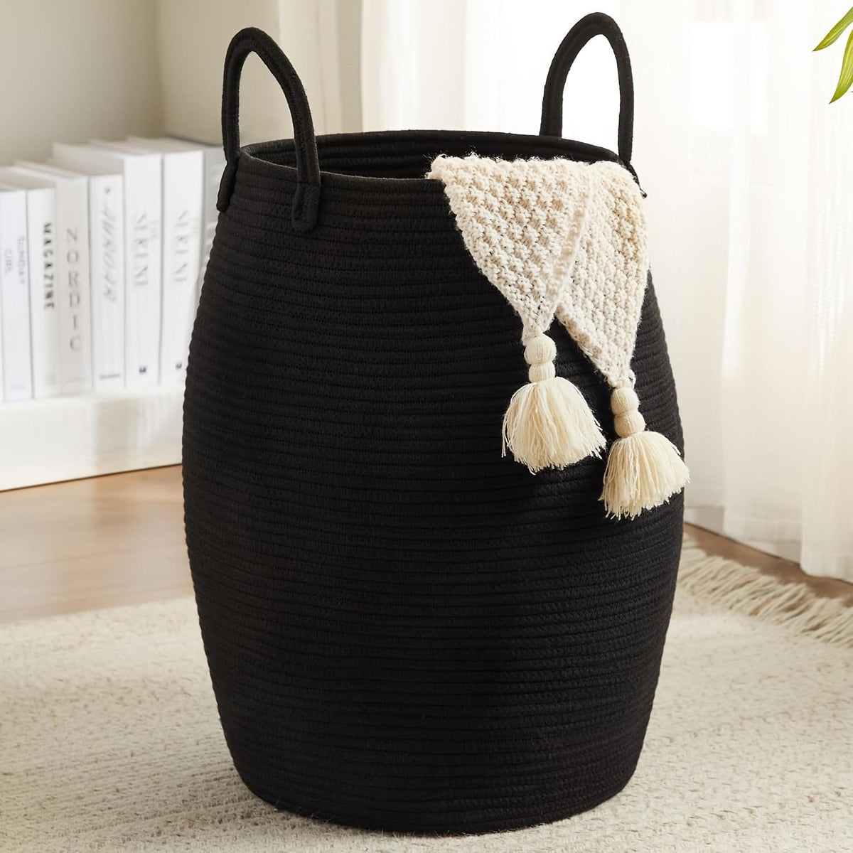 Tall Woven Laundry Hamper With Extended Handles, 22 Inch Foldable Clothes Basket for Bedroom and Bathroom, Black, Brown, White