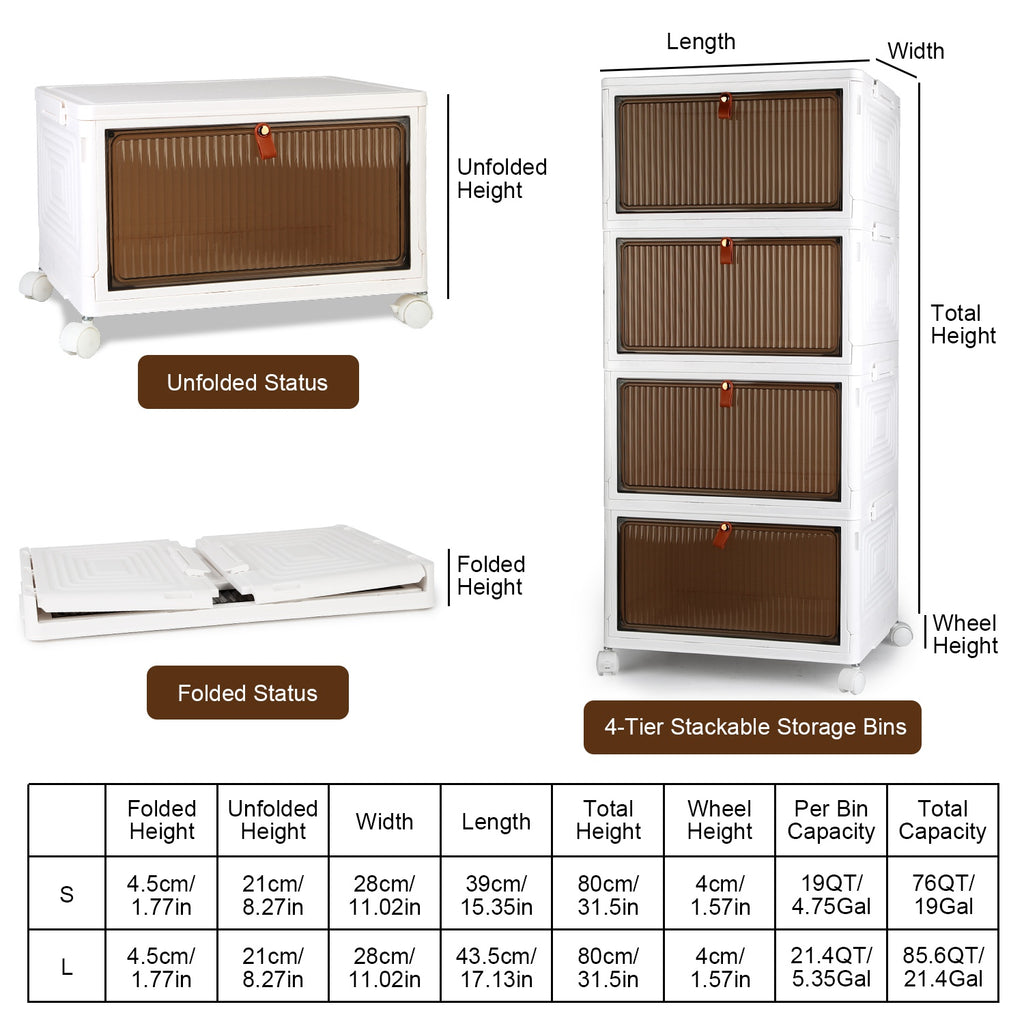4-Tier Foldable Storage Bins With Magnetic Front Doors and Wheels, Beige Stackable Closet Organizer, 76 or 85.6 Quart