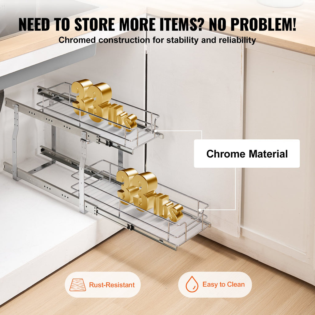 2-Tier Pull Out Cabinet Organizer, Silver Chrome Wire Under Sink Slide Out Basket With Dividers and Non-Slip Mats, 8.5" W x 21" D x 15" H