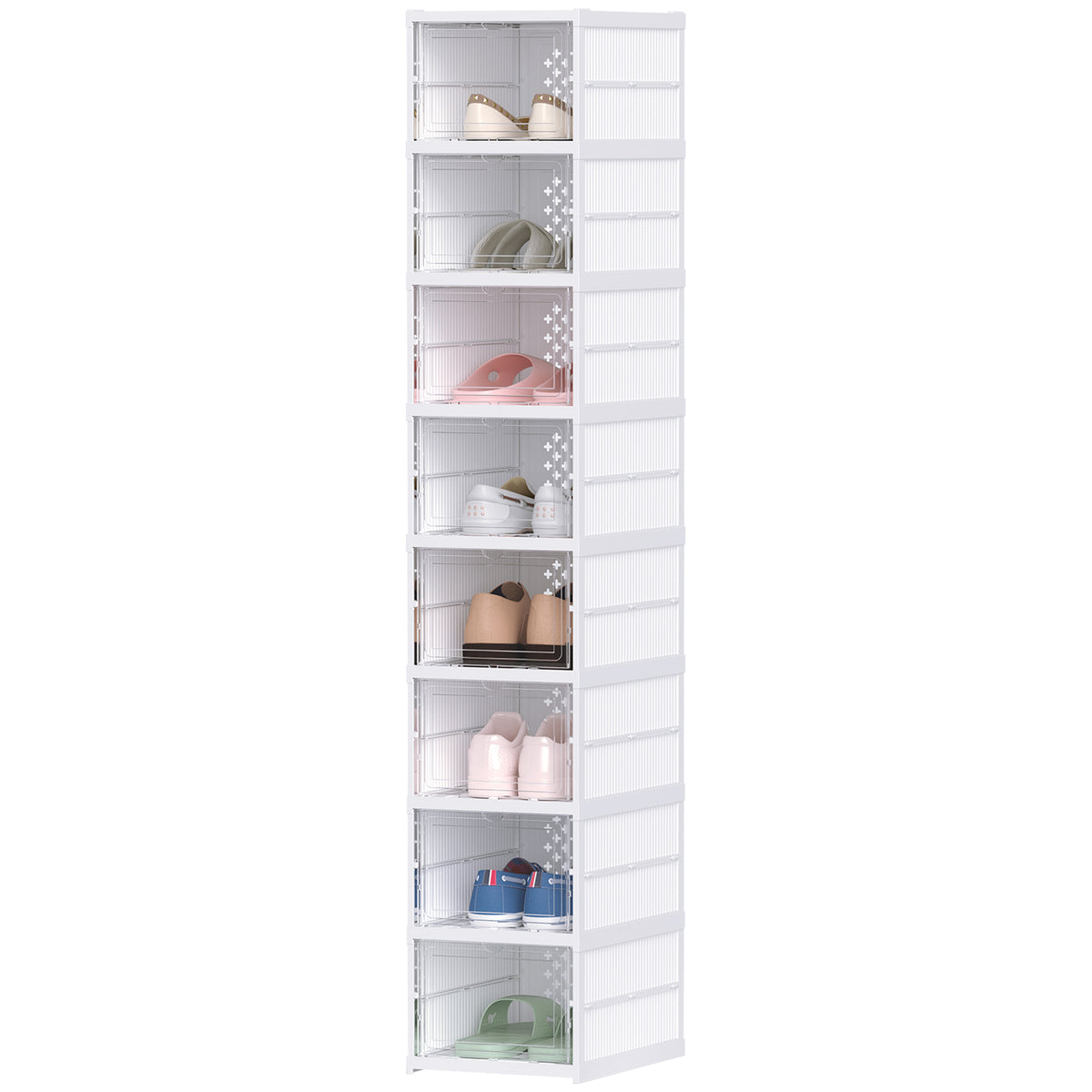Stackable Shoe Storage Boxes, 8 Pack Foldable Shoe Organizer with Clear Drop Front Door, White, No Assembly, Fits Men's Size 10