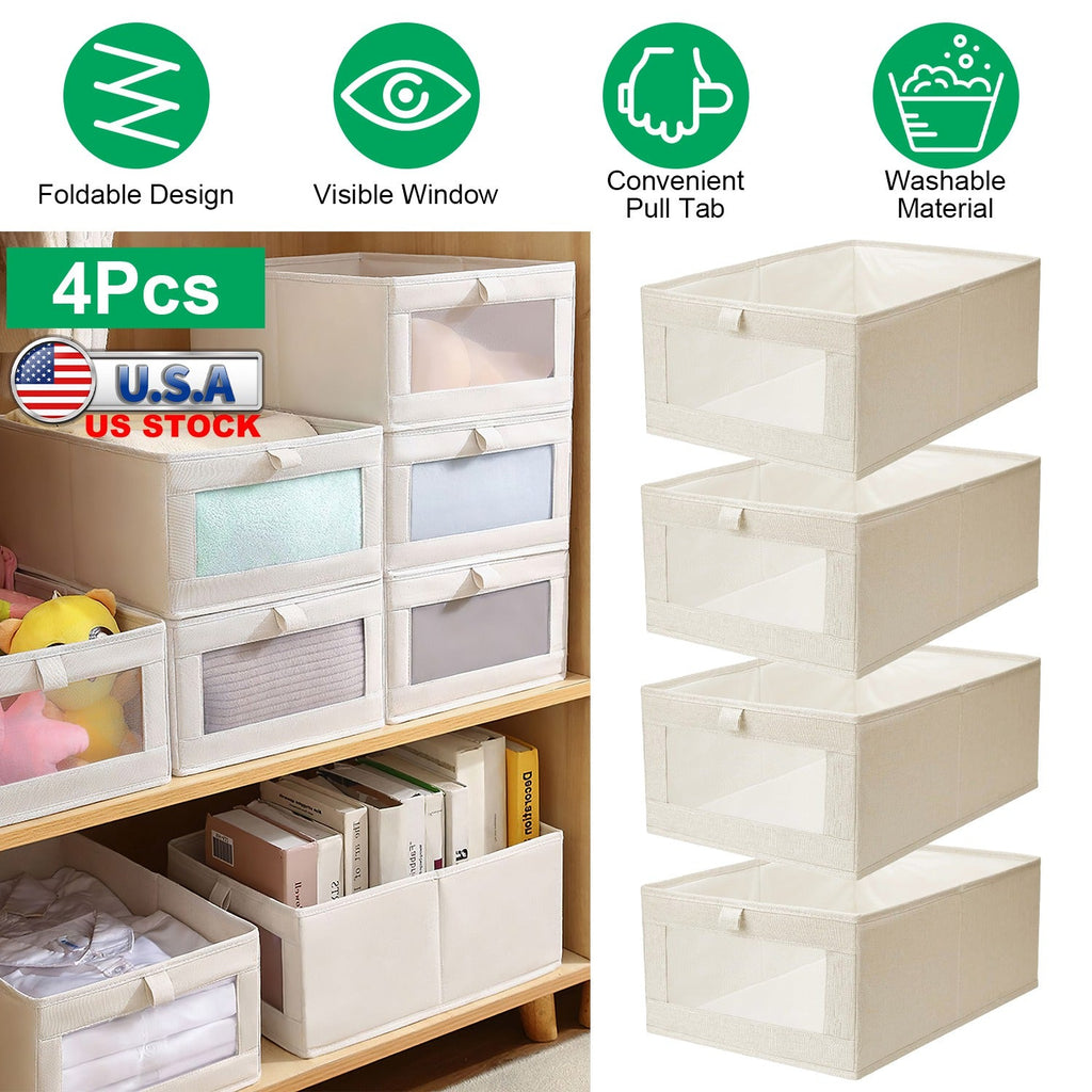 Foldable Linen Closet Storage Bins With Clear Window, Set of 4, Beige Fabric Shelf Organizers, 16.14 x 10.82 x 6.49 in