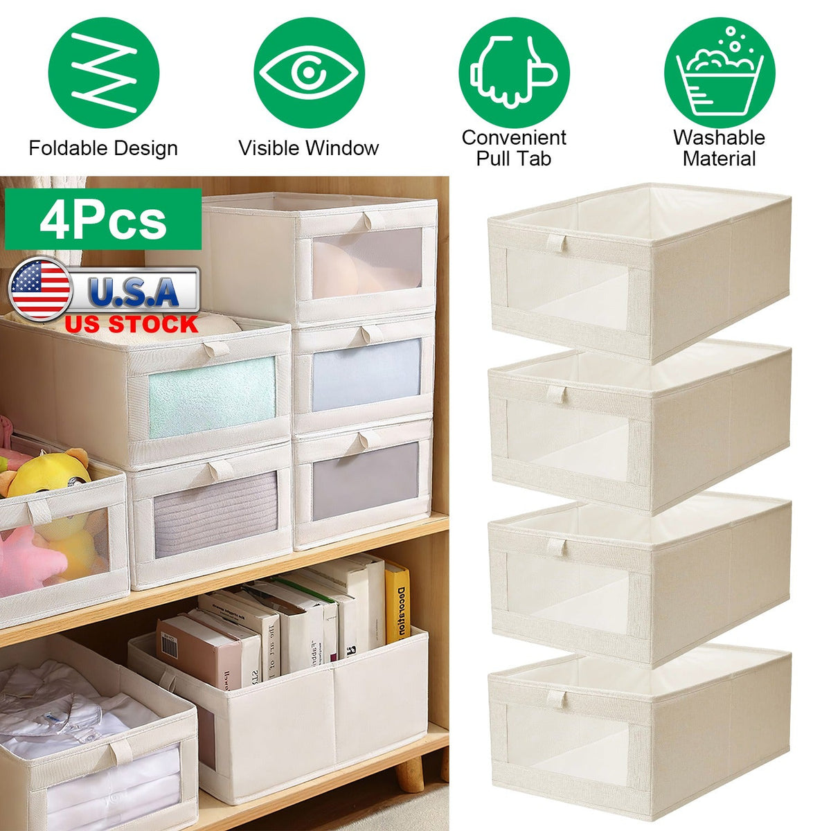 Foldable Linen Closet Storage Bins With Clear Window, Set of 4, Beige Fabric Shelf Organizers, 16.14 x 10.82 x 6.49 in