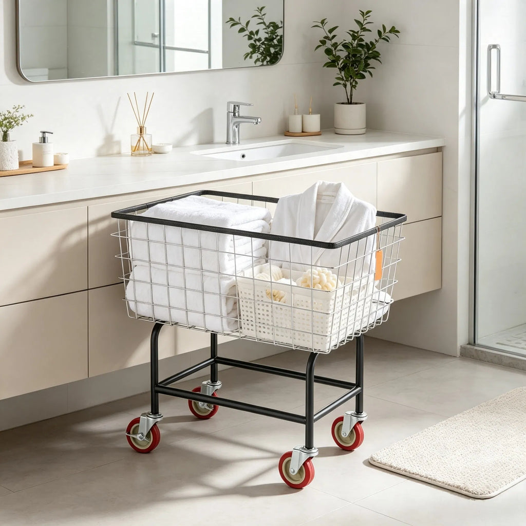 Wire Laundry Cart with Wheels, 2.8 Bushel Rolling Laundry Basket, Steel Frame with 4" Swivel Casters, 26.7" x 21.7" x 26.4"