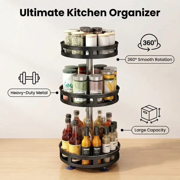 3-Tier Rotating Spice Rack Organizer, Black Carbon Steel 360-Degree Turntable for Kitchen Countertop and Cabinet