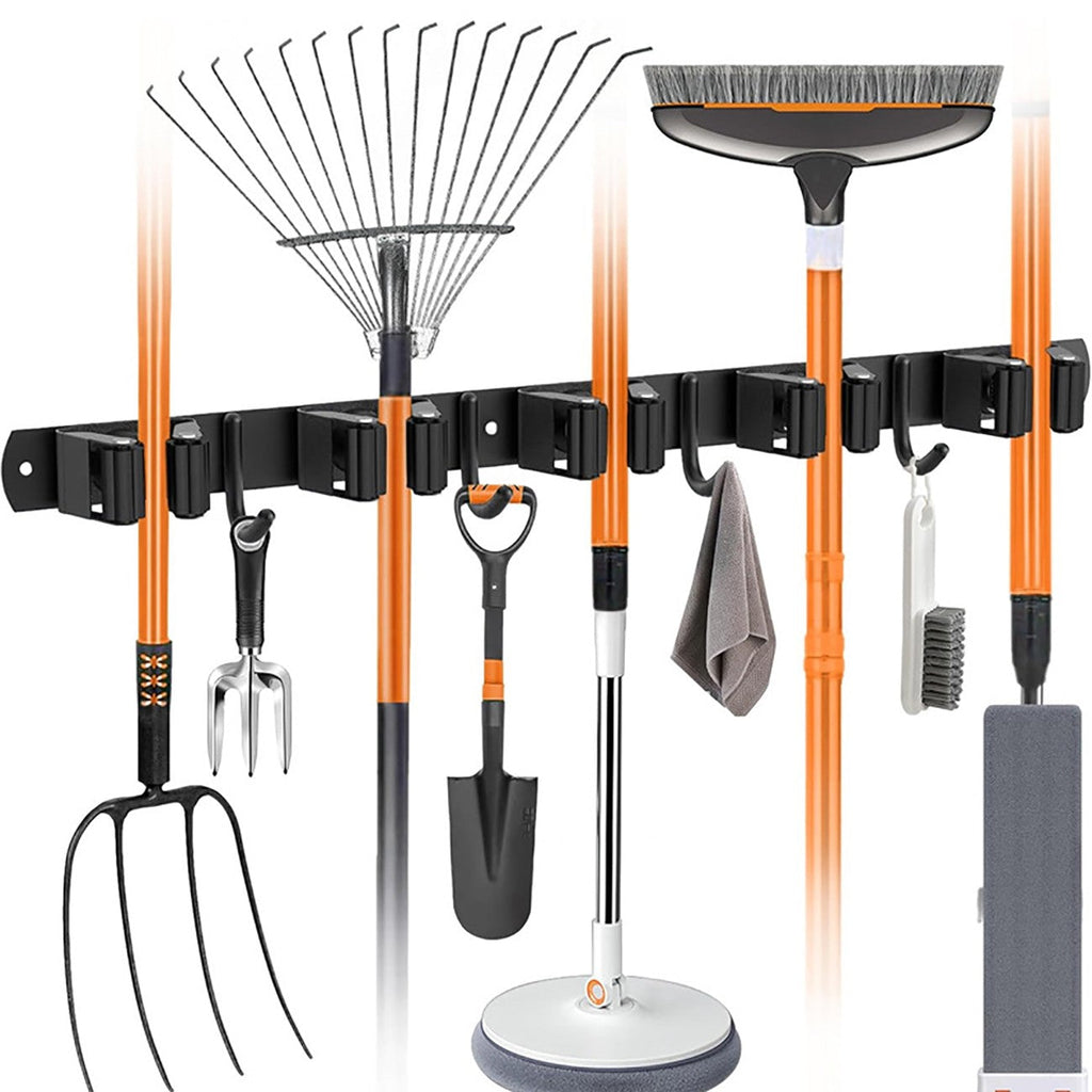 Broom and Mop Holder Wall Mount, Black Stainless Steel Garage Tool Organizer with 5 Slots and 4 Hooks, 17 Inch