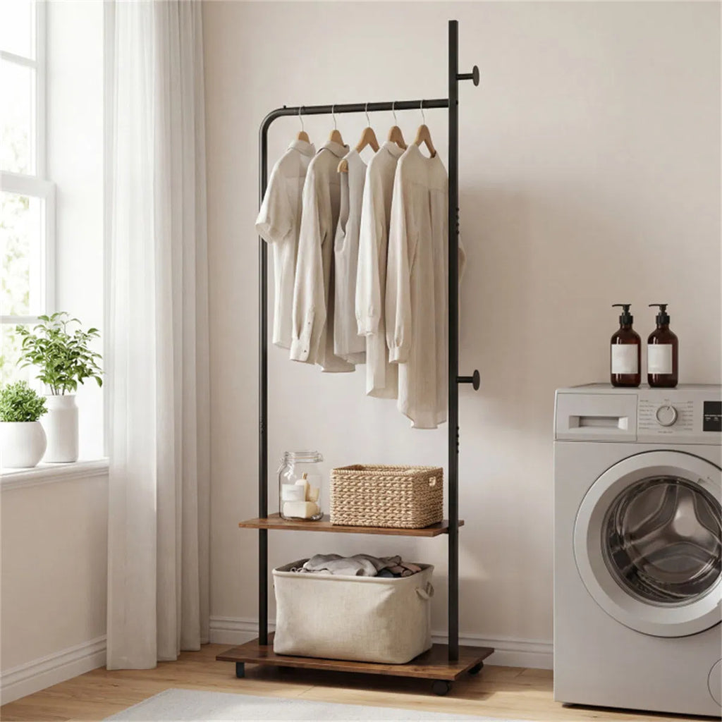 Rolling Clothing Rack with 2 Wooden Shelves and Side Hooks, Freestanding Garment Rack, Rustic Brown and Black, 69 Inch