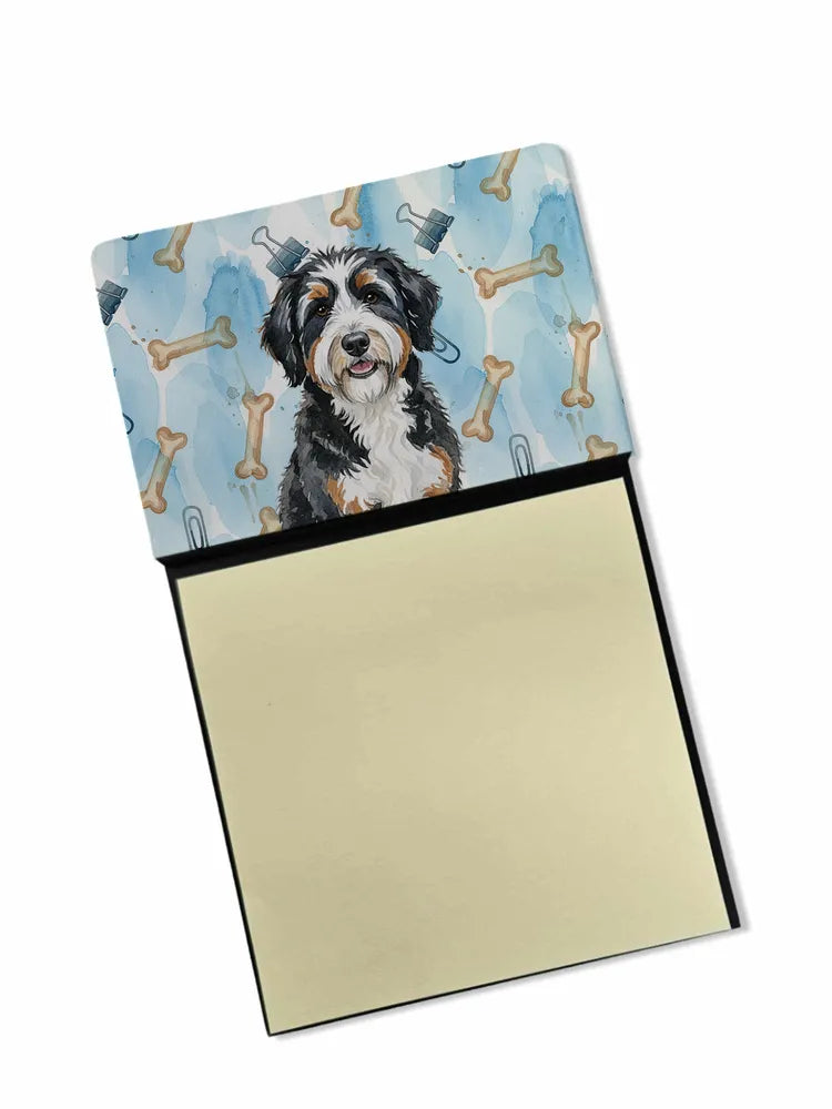 Sticky Note Holder With Refillable 3 x 3 Pad, Watercolor Bernedoodle Dog Art Desk Accessory