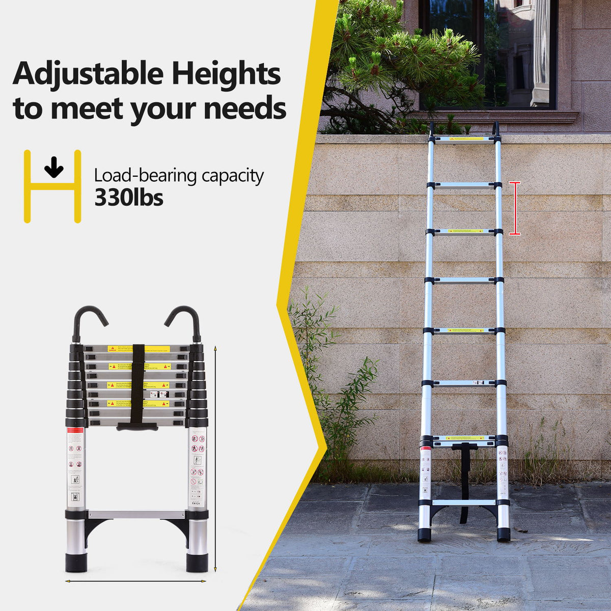 Telescoping Extension Ladder, 10.5 ft Aluminum Folding Ladder With Hooks, 330 lb Capacity, Antique Silver