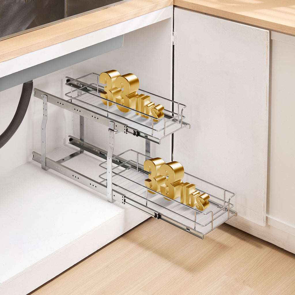 2-Tier Pull Out Cabinet Organizer, Silver Chrome Wire Under Sink Slide Out Basket With Dividers and Non-Slip Mats, 8.5" W x 21" D x 15" H