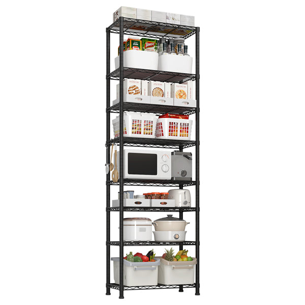 8-Tier Wire Shelving Unit, Black Carbon Steel Storage Rack With Adjustable Feet and 4 S-Hooks, 23.62 x 13.78 x 78.74 Inches