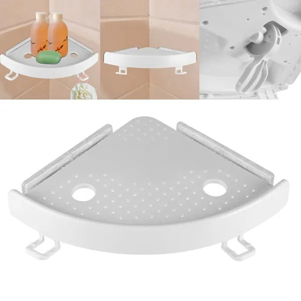 Corner Shower Shelf Organizer, White Plastic Wall Mount Caddy With Hooks and Drain Holes, No Drilling