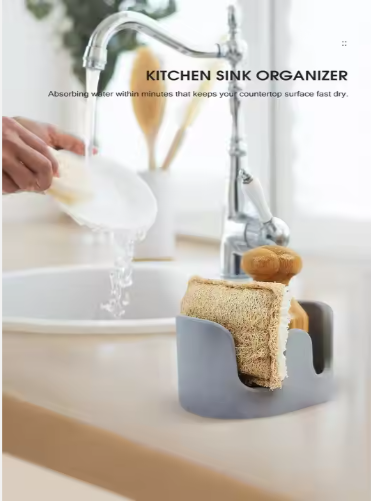 Sink Caddy for Sponges and Scrubbers, Gray Diatomite Countertop Sponge Holder, Standing Single-Tier Kitchen and Bathroom Organizer