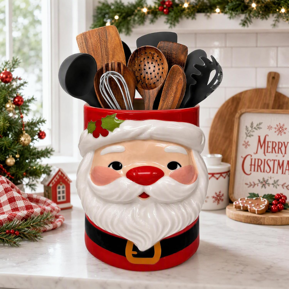 Santa Ceramic Utensil Holder, Red Christmas Kitchen Countertop Crock for Cooking and Baking Tools