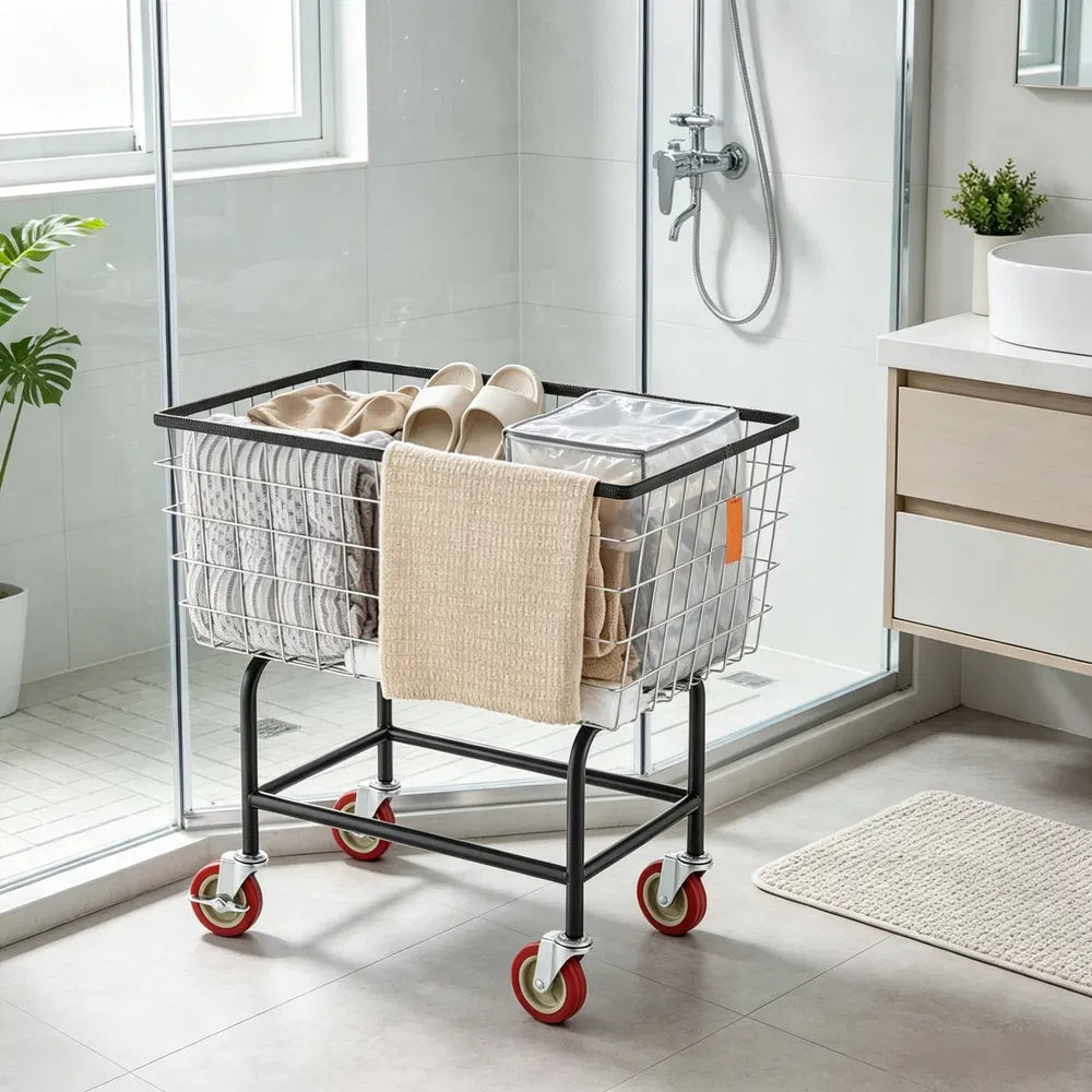Wire Laundry Cart with Wheels, 2.8 Bushel Rolling Laundry Basket, Steel Frame with 4" Swivel Casters, 26.7" x 21.7" x 26.4"