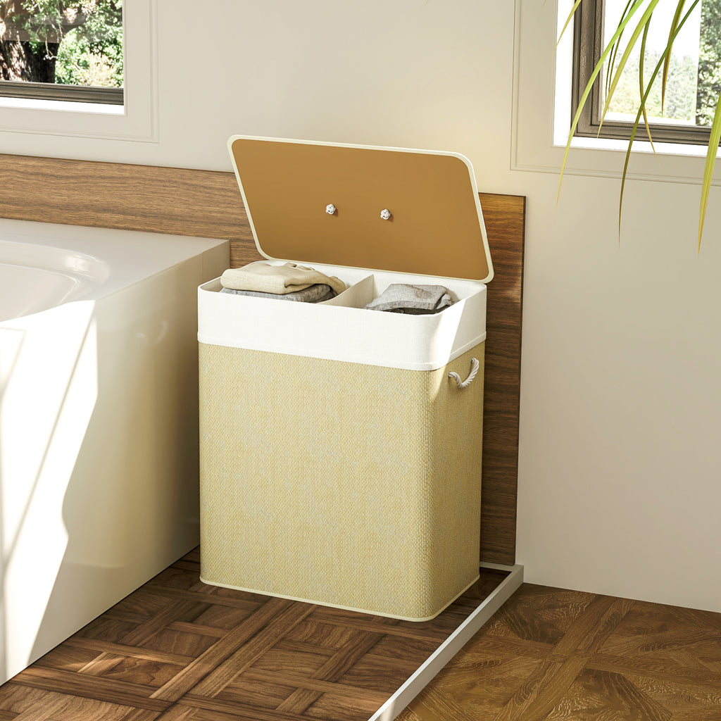 Double Laundry Basket With Lid, 26.4 Gallon Bamboo Laundry Hamper With Rope Handles and Removable Liner, Natural