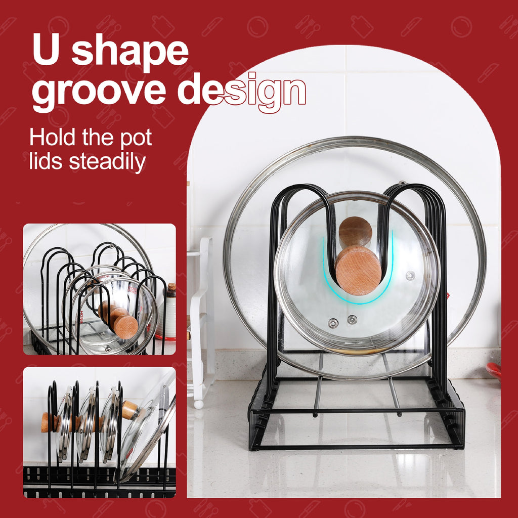 Adjustable Pot and Pan Organizer Rack, Black Steel Pot Lid Holder for Kitchen Cabinets, Countertops and Drawers
