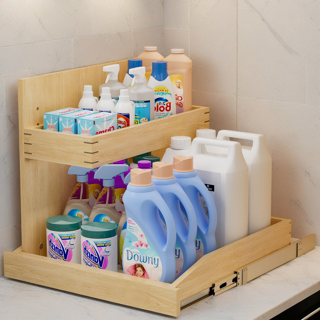 Under Sink Organizer, 2 Tier Wood Pull Out Cabinet Shelf With U Bracket, 22-1/2" W x 21" D, Left Opening, Kitchen and Bathroom