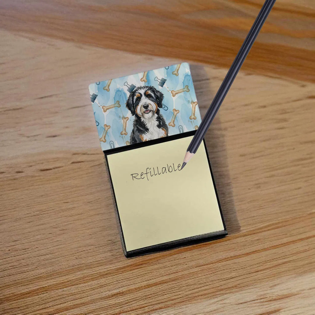 Sticky Note Holder With Refillable 3 x 3 Pad, Watercolor Bernedoodle Dog Art Desk Accessory