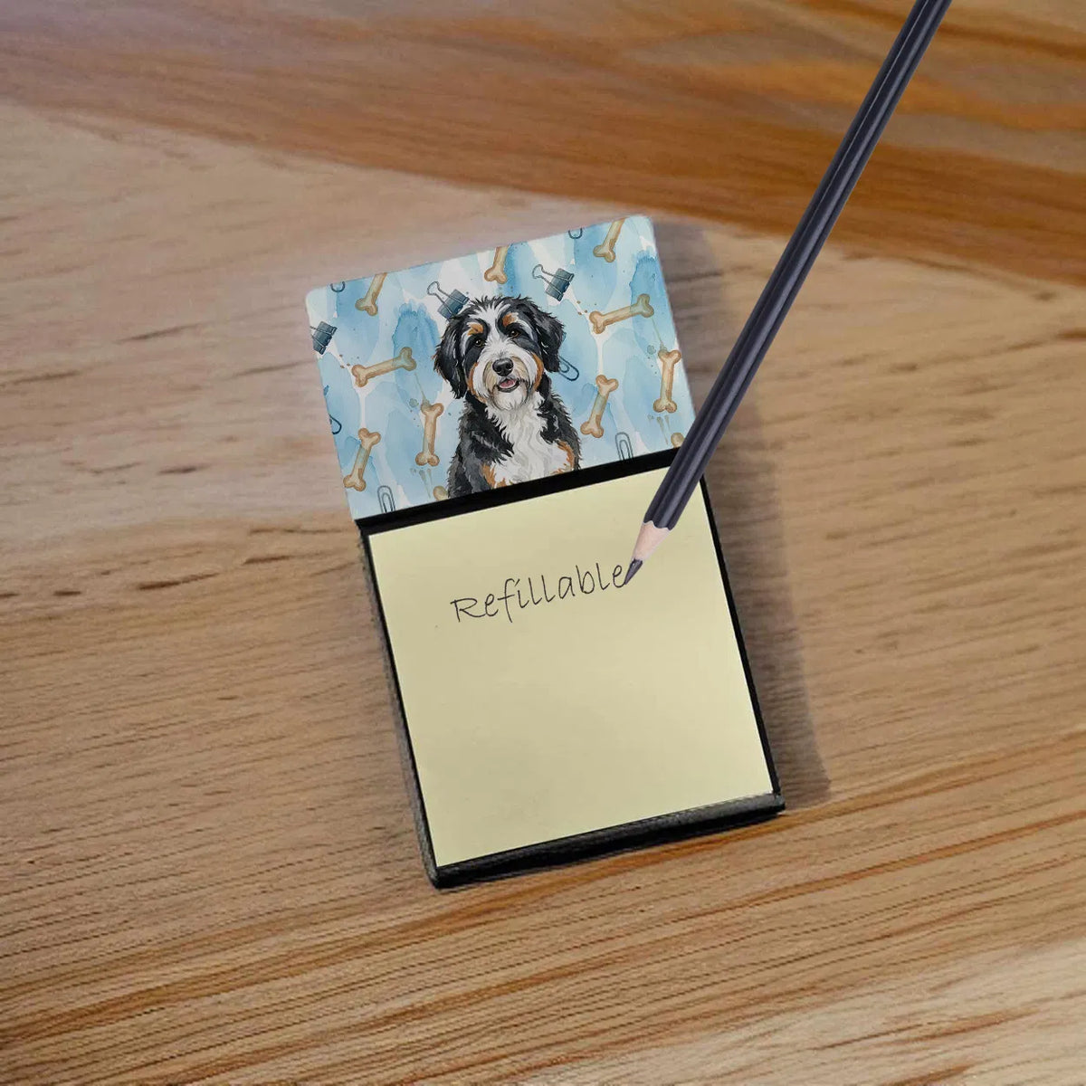 Sticky Note Holder With Refillable 3 x 3 Pad, Watercolor Bernedoodle Dog Art Desk Accessory