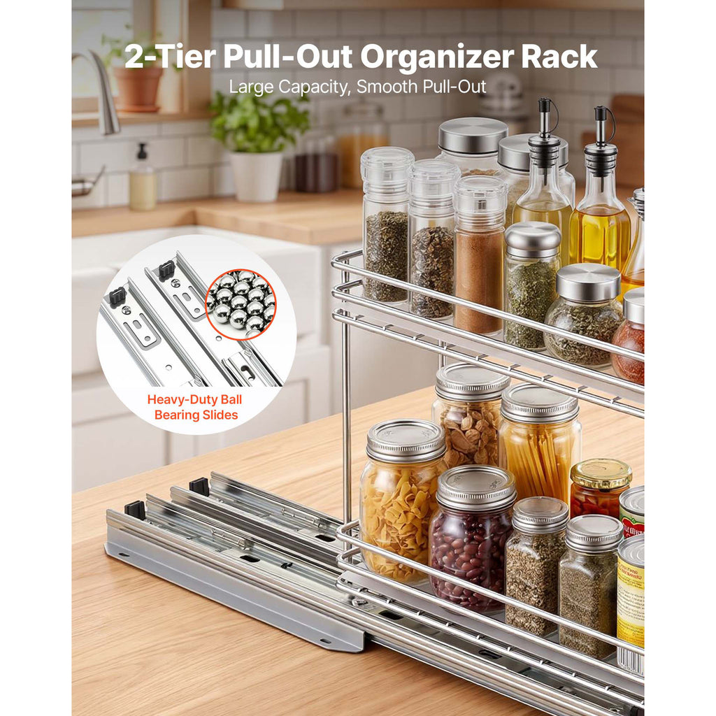 Pull Out Spice Rack Organizer for Cabinet, 2 Tier Slide Out Metal Seasoning Basket, Silver, 4.33" W x 8.46" D x 10.43" H
