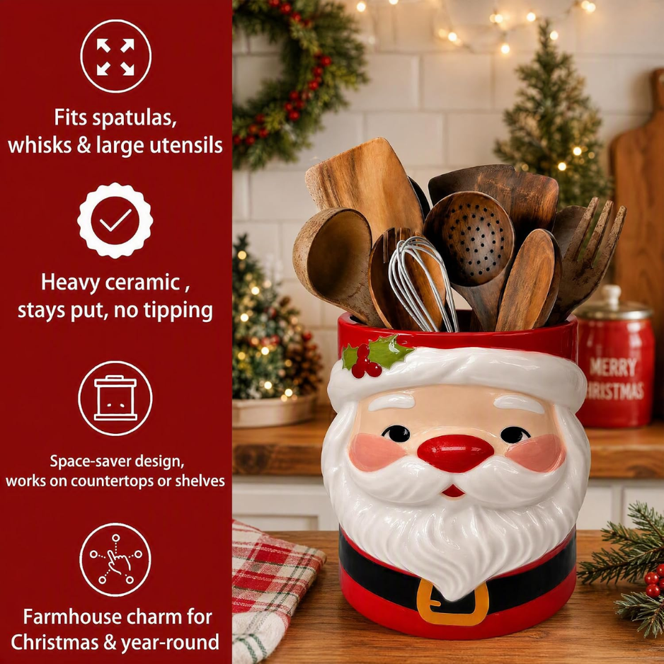 Santa Ceramic Utensil Holder, Red Christmas Kitchen Countertop Crock for Cooking and Baking Tools