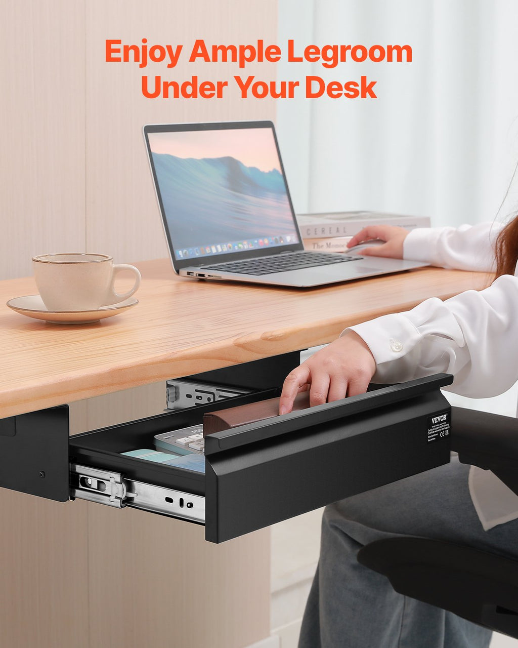 Under Desk Drawer Slide Out, Black Steel Pull-Out Pencil Drawer With Cable Holes, 17 x 9 x 4 In