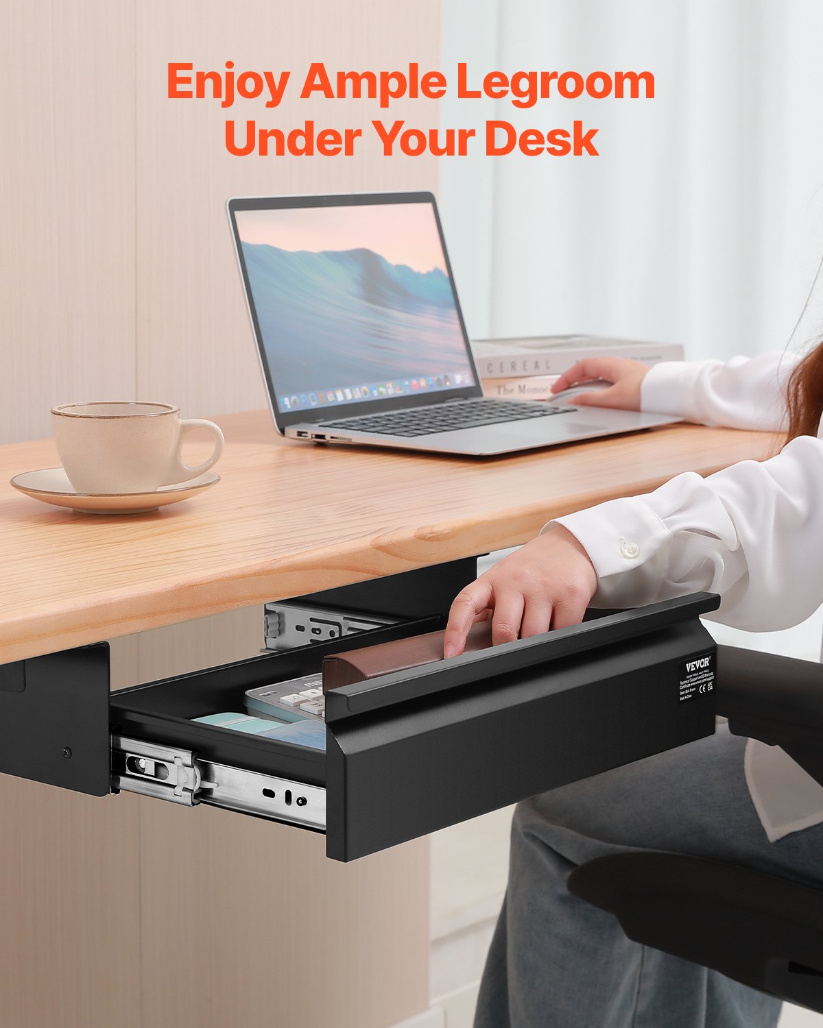 Under Desk Drawer Slide Out, Black Steel Pull-Out Pencil Drawer With Cable Holes, 17 x 9 x 4 In