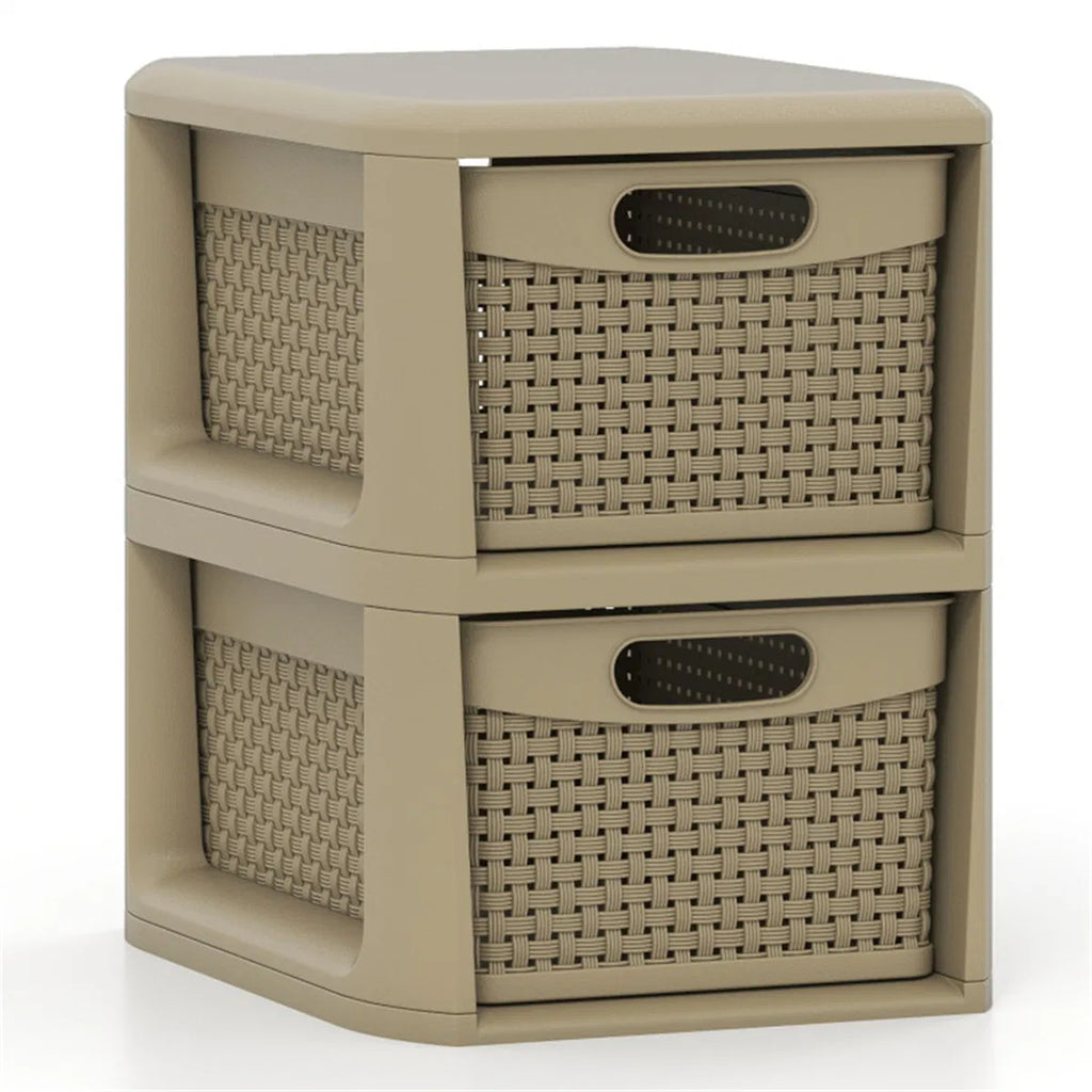 2-Drawer Storage Organizer, Brown Wicker Style Plastic Narrow Cabinet for Bedroom, Bathroom, and Home Office, 13 x 10 x 14 Inches