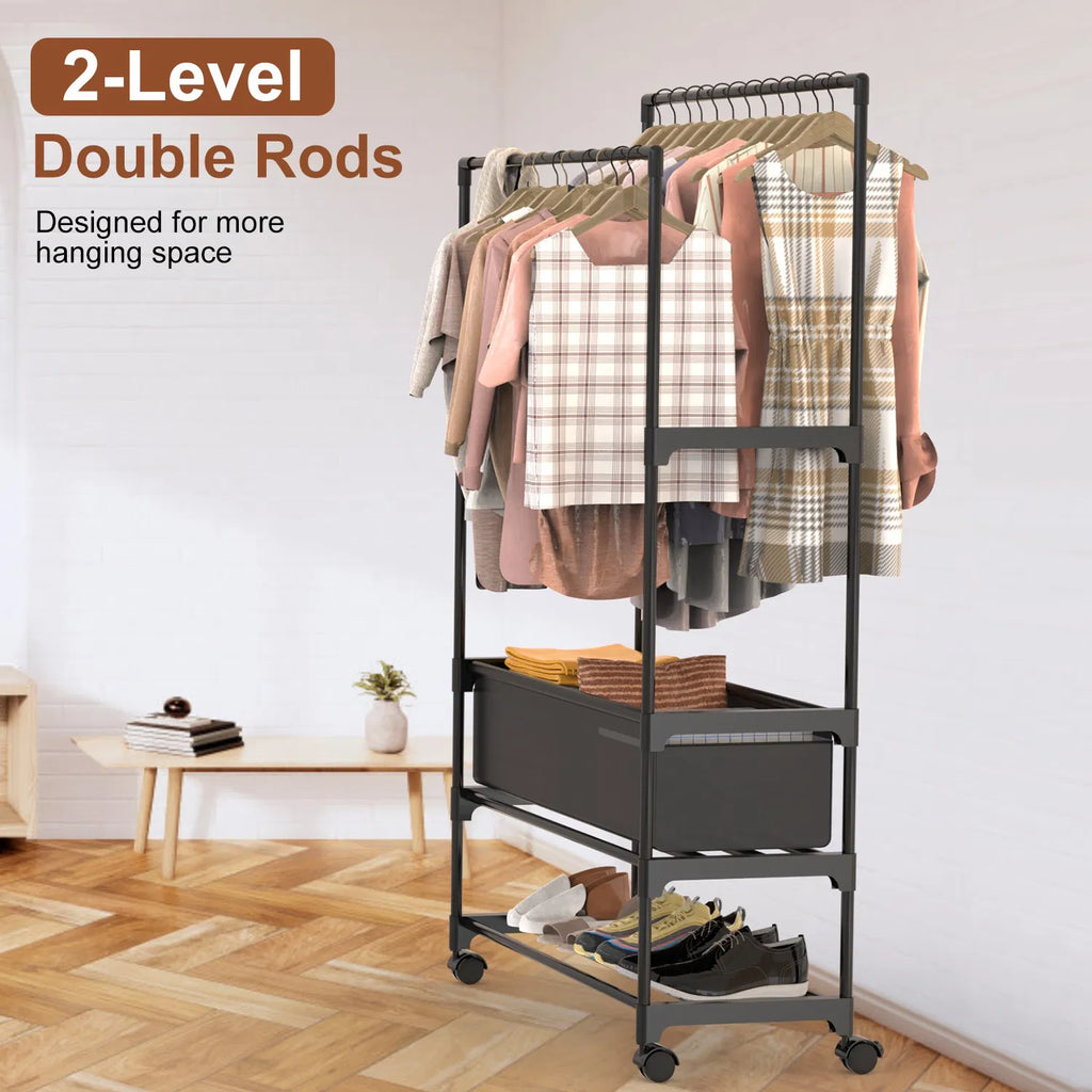 Rolling Garment Rack With Double Hanging Rods, Storage Bag and Shoe Shelf, Black Iron 3-Tier Clothes Rack for Bedroom and Entryway