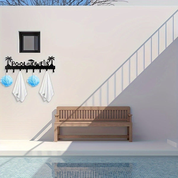 Pool Towel Rack With 8 Hooks, Wall Mounted Black Metal Towel Holder for Bathroom, Poolside, and Spa