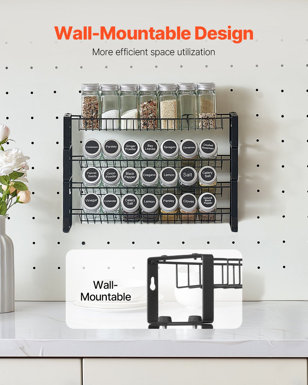 Spice Rack Organizer, Black Metal 4-Tier Wall Mount or Countertop Seasoning Shelf, 18 x 11 In