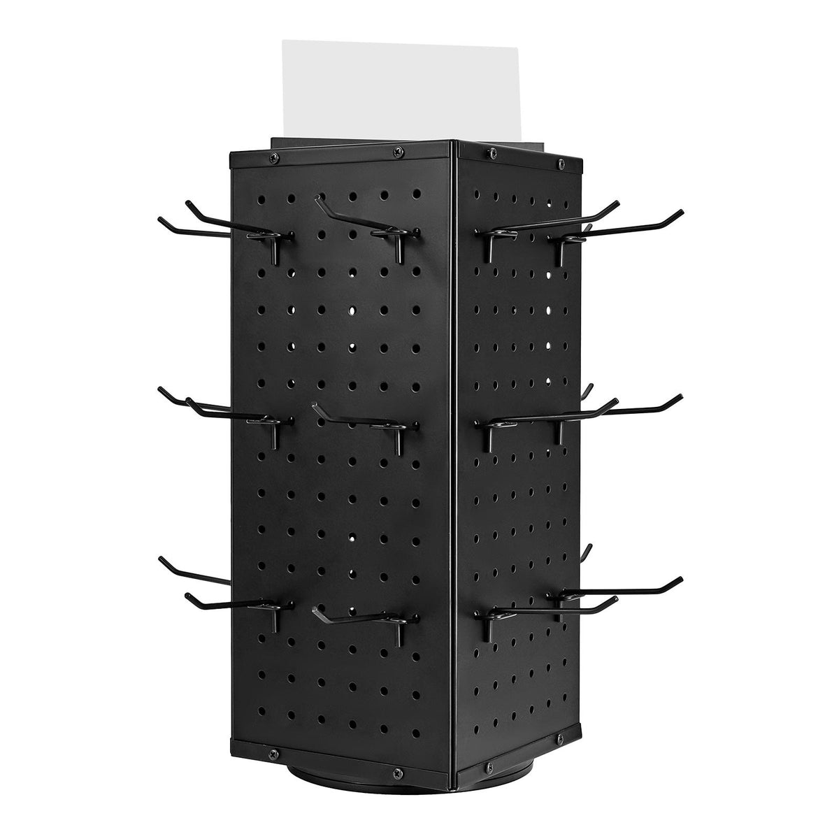 Rotating Pegboard Display Stand, 4-Sided Spinning Peg Board Organizer With 24 Hooks, Black Cold-Rolled Steel, 7.4 x 7.4 x 17 In