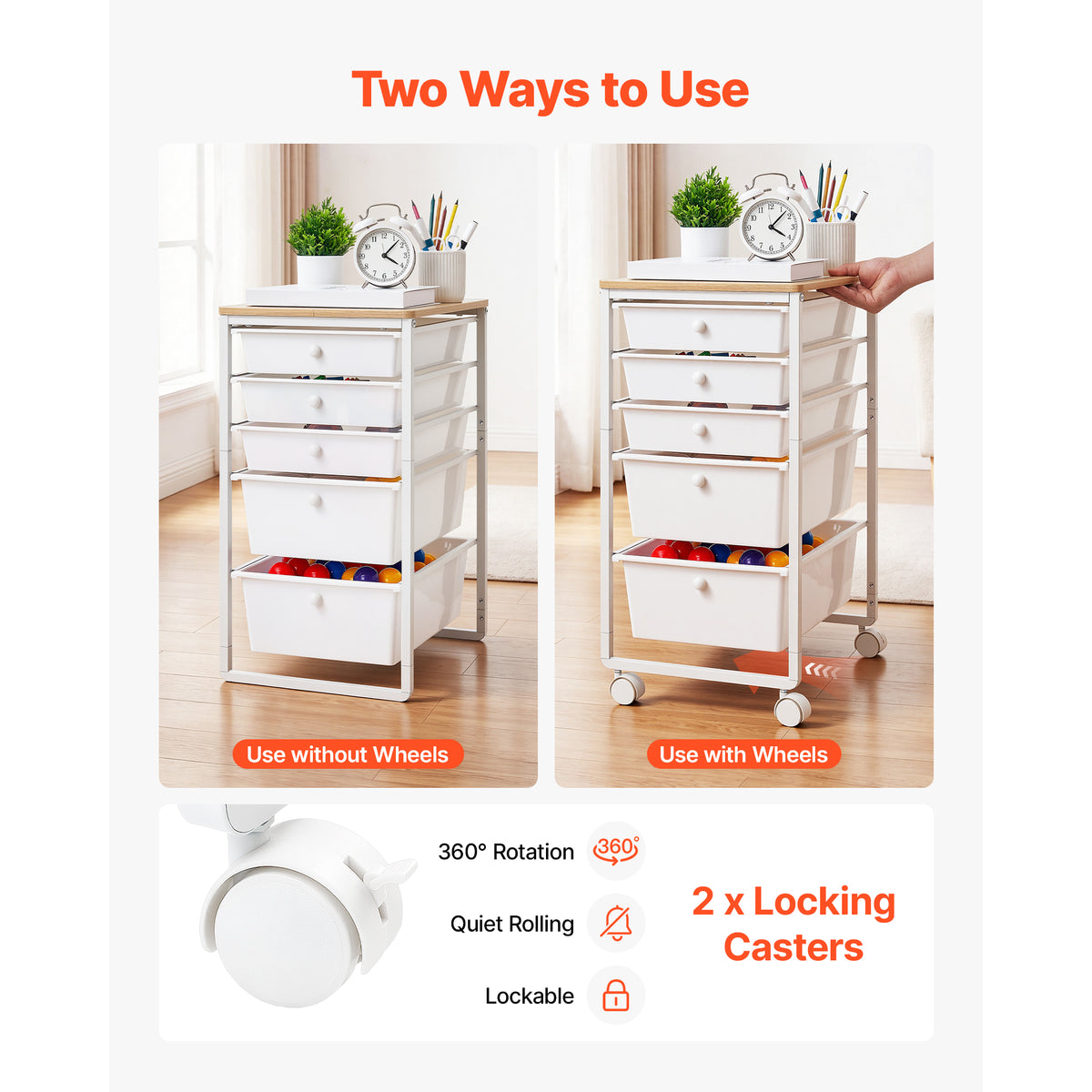 Rolling Cart With 5 Drawers, White Storage Organizer With Wood Top, Steel Frame and Locking Casters for Office, Craft Room and Bedroom