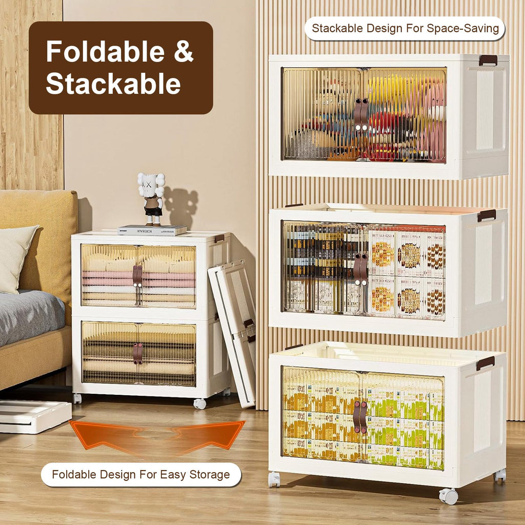 Foldable Storage Bins With Lids and Wheels, Set of 3, Beige Plastic Stackable Cubes With Magnetic Front Doors