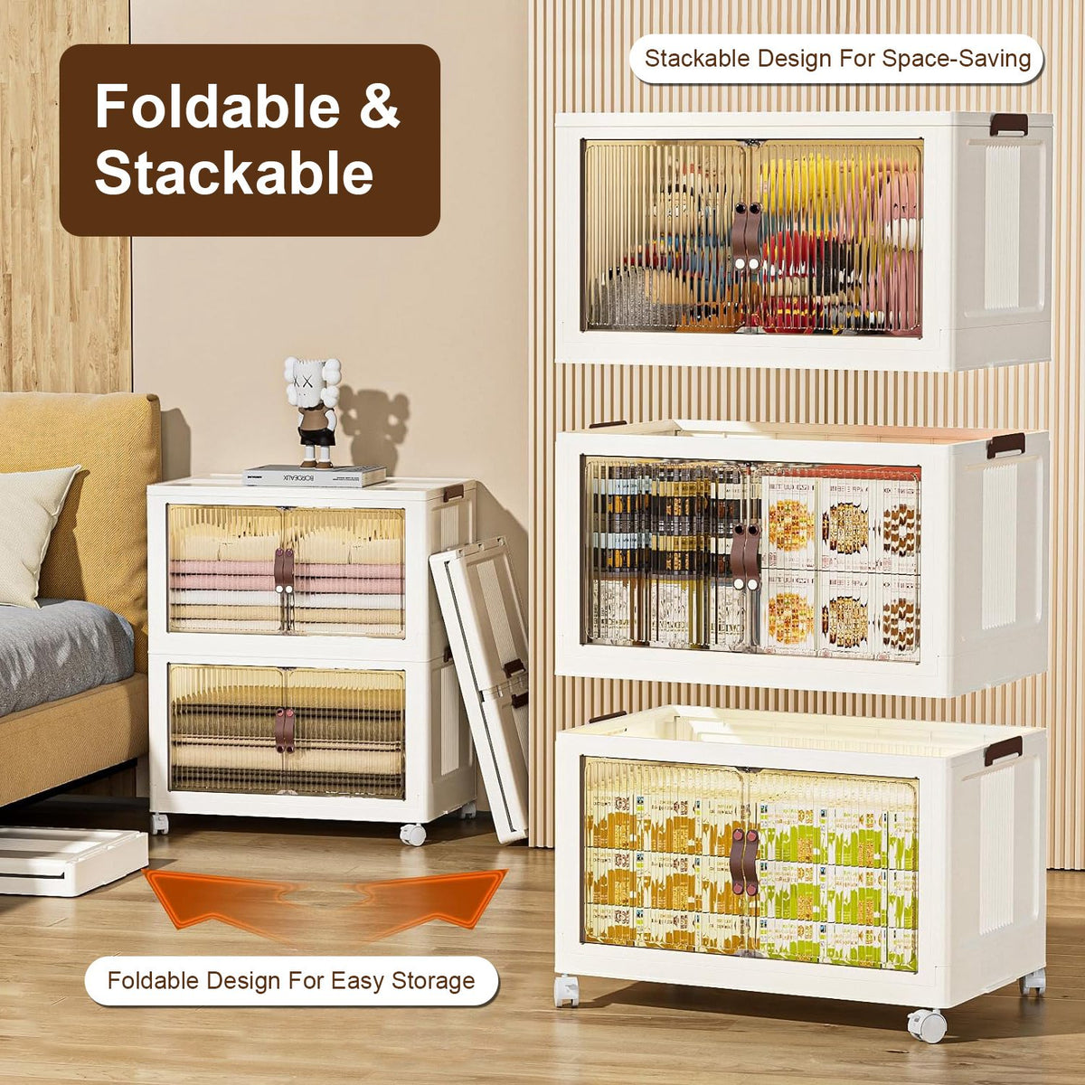 Foldable Storage Bins With Lids and Wheels, Set of 3, Beige Plastic Stackable Cubes With Magnetic Front Doors