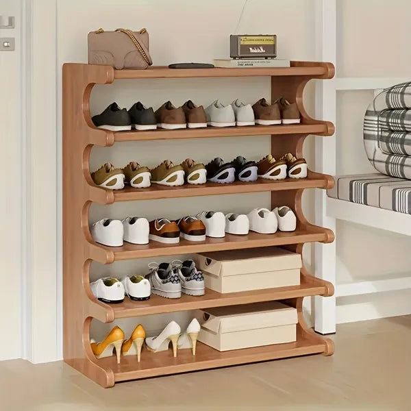 Wood Shoe Rack, 5-Tier or 6-Tier Freestanding Storage Shelf for Entryway, Closet, and Bedroom, Wood Grain Finish