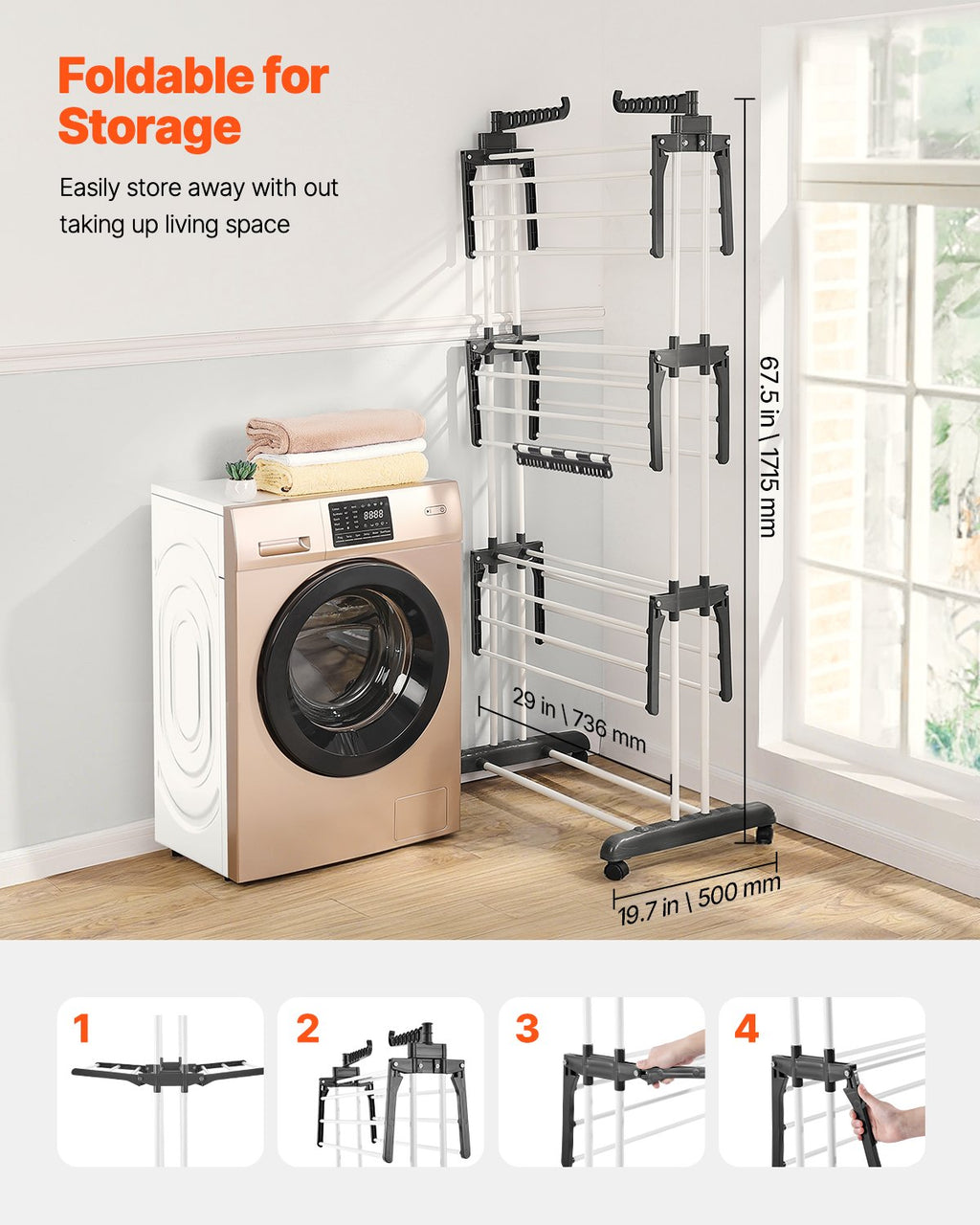 4-Tier Clothes Drying Rack, Foldable Laundry Rack With 24 Drying Rods, 2 Side Wings and 4 Swivel Casters, Metal and Plastic