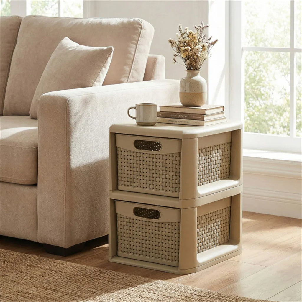2-Drawer Storage Organizer, Brown Wicker Style Plastic Narrow Cabinet for Bedroom, Bathroom, and Home Office, 13 x 10 x 14 Inches