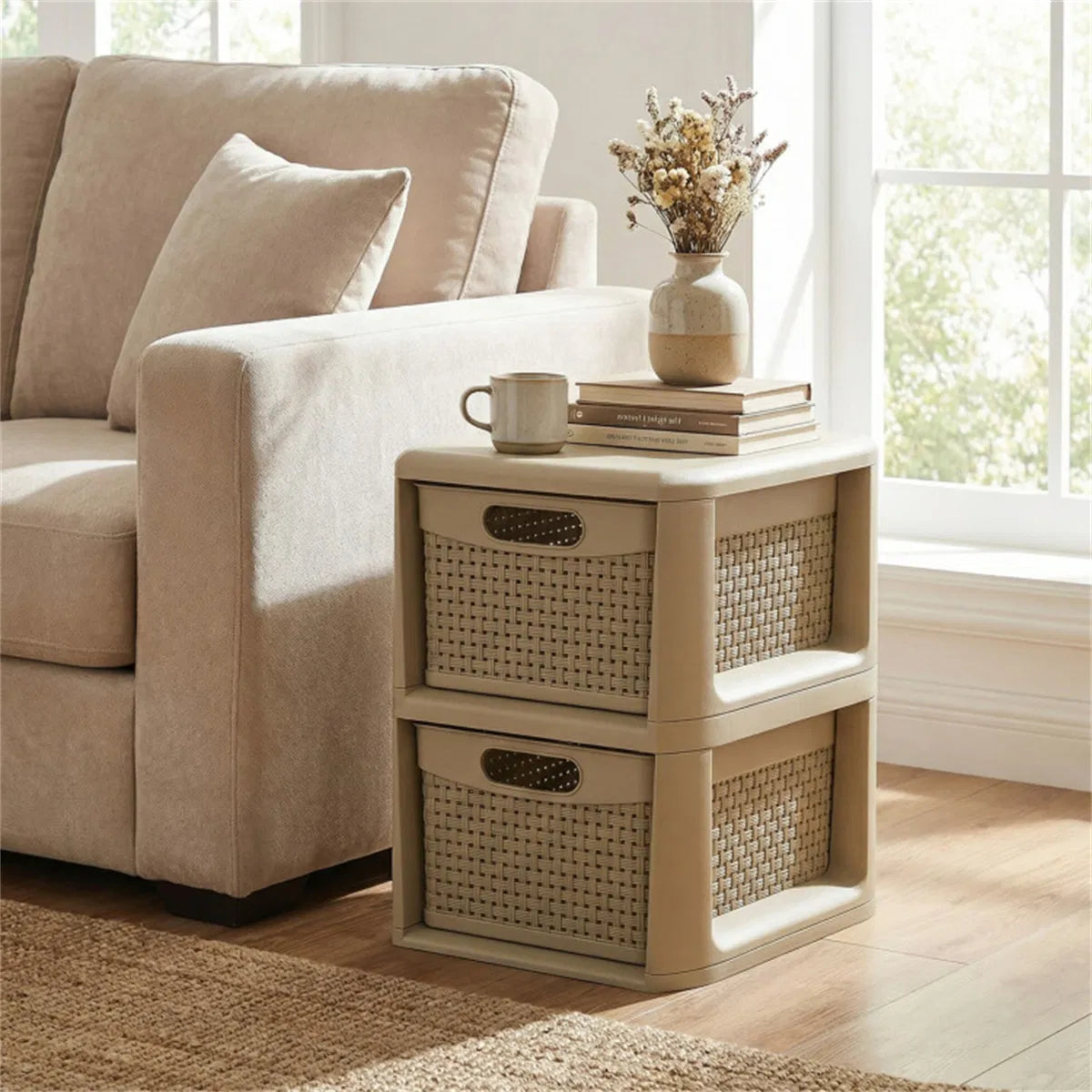 2-Drawer Storage Organizer, Brown Wicker Style Plastic Narrow Cabinet for Bedroom, Bathroom, and Home Office, 13 x 10 x 14 Inches