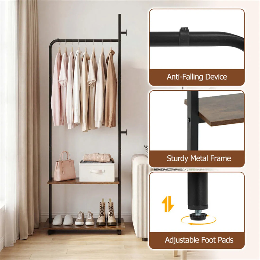 Rolling Clothing Rack with 2 Wooden Shelves and Side Hooks, Freestanding Garment Rack, Rustic Brown and Black, 69 Inch