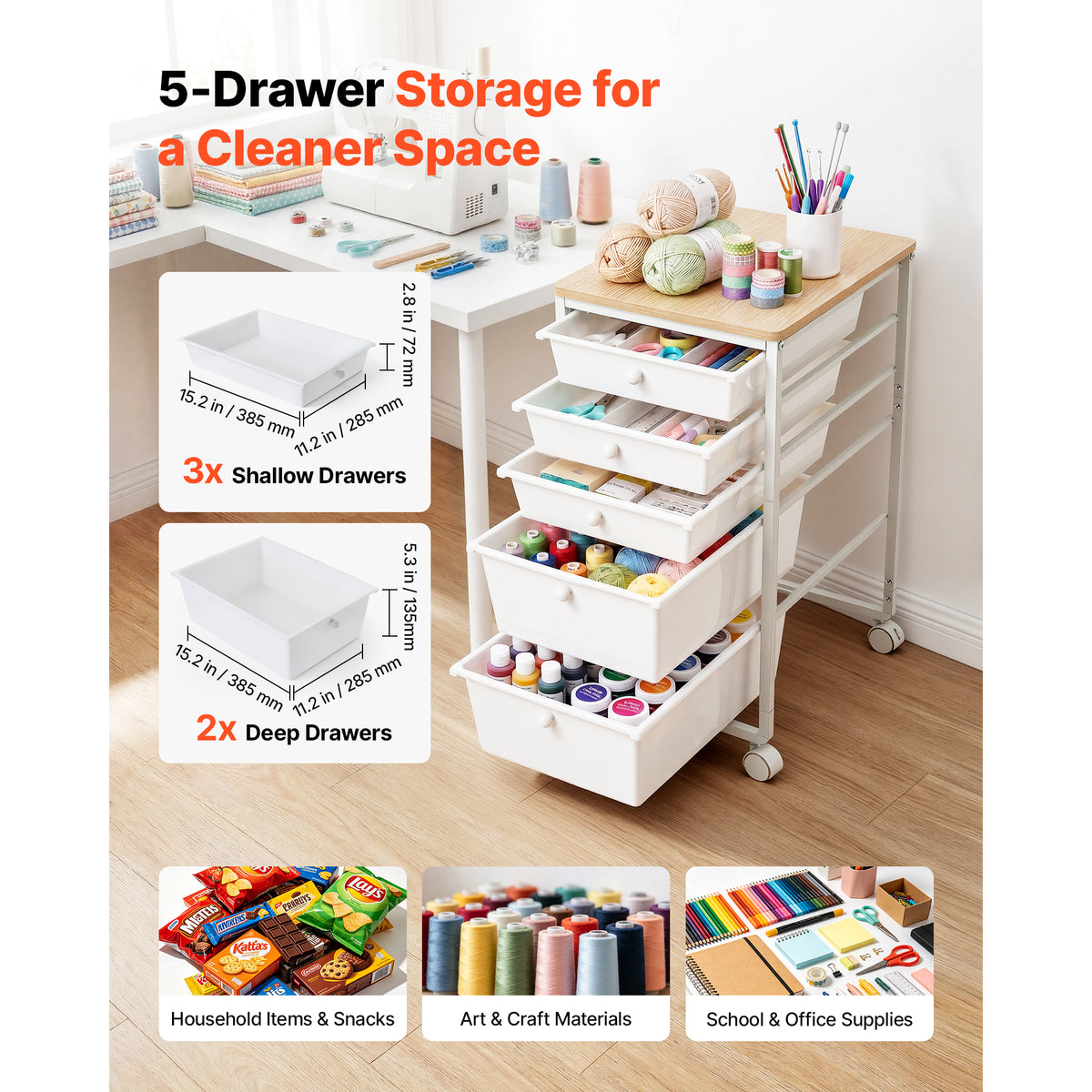 Rolling Cart With 5 Drawers, White Storage Organizer With Wood Top, Steel Frame and Locking Casters for Office, Craft Room and Bedroom