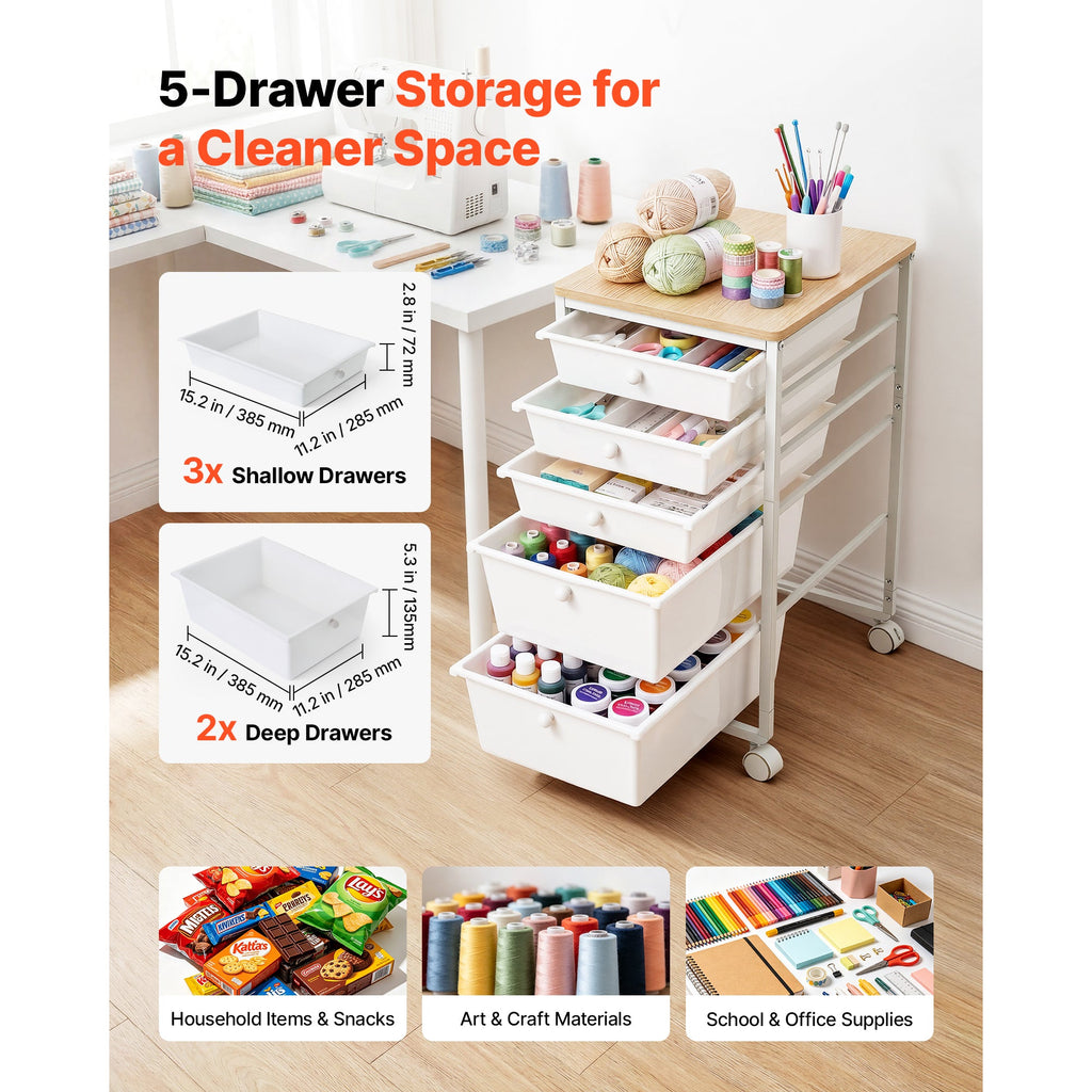 Rolling Cart With 5 Drawers, White Storage Organizer With Wood Top, Steel Frame and Locking Casters for Office, Craft Room and Bedroom