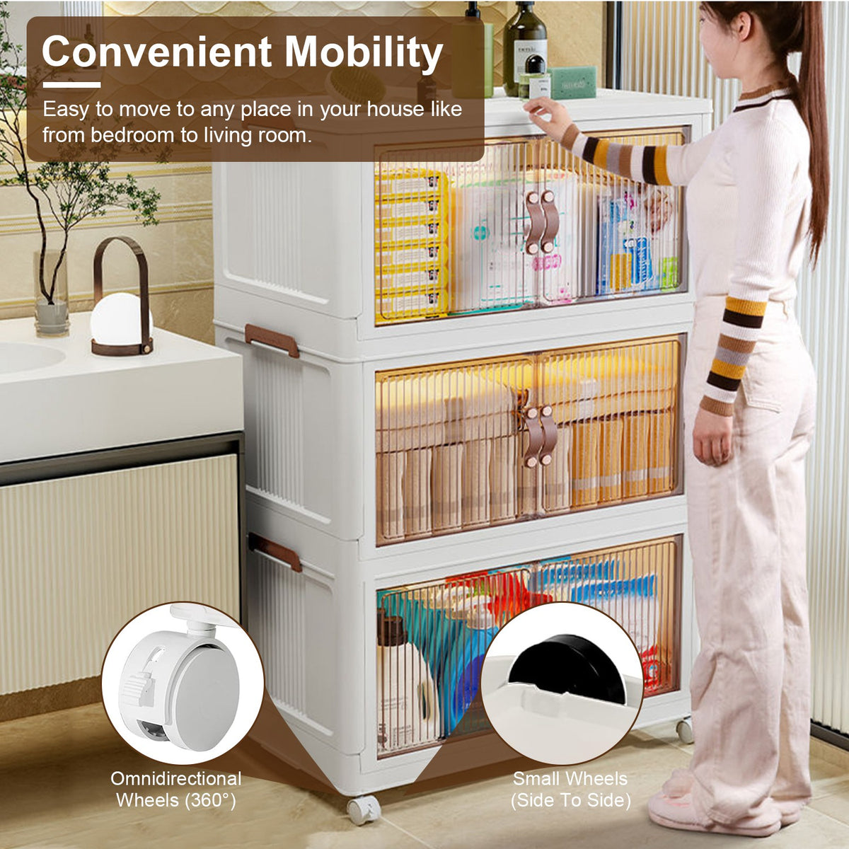 Foldable Storage Bins With Lids and Wheels, Set of 3, Beige Plastic Stackable Cubes With Magnetic Front Doors
